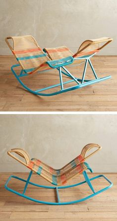 two pictures of a chair that is made out of wood and metal, with the same color