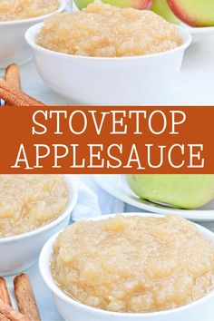 two bowls filled with apple cobble next to apples and cinnamon sticks