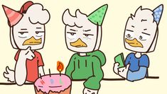 three cartoon characters sitting next to each other with a birthday cake in front of them