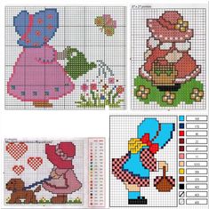 four cross stitch patterns with different characters on them, including a girl and a cat