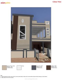 an architectural rendering of a house with blue and gray paint colors on the walls, windows, and stairs