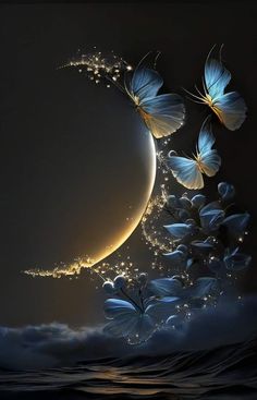 the moon is surrounded by butterflies flying in the night sky, and it appears to be full of light