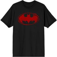 I am The Bat…Show off your fandom for Batman with this awesome distressed tee. This fun t-shirt showcases a vibrant red, distressed bat symbol on the front. This comfy shirt is made of high-quality, premium cotton material, and is professionally printed to ensure long-lasting color and print quality. It can be machine washed in cold water with like colors, and tumble dried on low for easy and convenient care. The Batman Distressed Grunge Red Shield Men’s Black T-Shirt is an officially licensed p Fandom Short Sleeve T-shirt With Logo Print, Red Short Sleeve Fandom Tops, Red Short Sleeve Fandom Top, Red Pre-shrunk T-shirt For Fan Conventions, Red Fandom Crew Neck Top, Red Crew Neck T-shirt For Fan Conventions, Red Superhero, Bat Symbol, Superhero Shirt