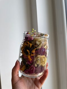 a hand holding a jar filled with dried flowers