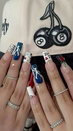 cook girl y2k nails inspiration Nail Inspo For New York, Nail Art Designs Long Coffin, Nails With Jersey Number, Money Sign Nails Designs, Nails Ideas Winter 2024, Winter Maximalist Nails, Nyc Christmas Nails, Nyc Nail Art, Funky White Nails