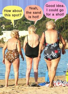 three women in bathing suits on the beach with speech bubbles