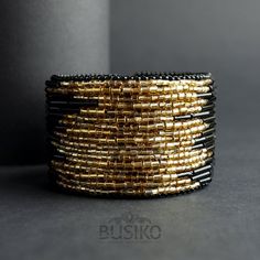 Wide black & gold beaded cuff bracelet. Statement big | Etsy Black Cuff Bracelet, Big Bracelets, Leather Accessories Handmade, High Fashion Jewelry, Jewelry Elegant, Beaded Cuff Bracelet, Beaded Cuff, Handmade Beaded Jewelry, Minimalist Bracelet