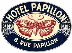 the logo for hotel papillon paris 8 rue papillon is shown in red, white and blue