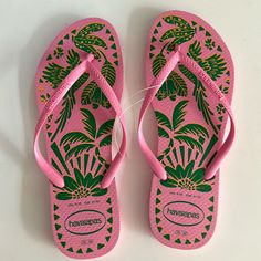 Brand New Flip Flops Received As A Gift But Wrong Size Womens 9/10 Pink With Green And Yellow Palm Tree Design Retail $34 On Havaianas Website Pink Non-slip Casual Flip Flops, Pink Tropical Style Flip Flops With Round Toe, Purple Flip Flops, Glitter Flip Flops, Palm Tree Design, Printed Flip Flops, Havaianas Flip Flops, Pink Sandals, Silver Logo