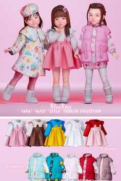 three dolls are standing next to each other in different colors and sizes, one is wearing a