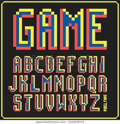 an old school computer game font and numbers set in pixel style, with different colors