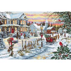 a cross stitch christmas scene with a horse drawn sleigh in the foreground