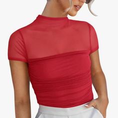 Reoria Women's Mock Turtle Neck Short Sleeve Sheer Mesh Ruched Bodysuit S Red Nwot Turtle Neck Short Sleeve, Ruched Bodysuit, Mock Turtle Neck, Red Streetwear, Casual Bodysuit, Red Bodysuit, Preppy Summer, Mock Turtle, Trendy Fall