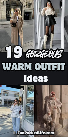 Image showcases four chic warm outfit ideas for women, perfect for the colder seasons. The text '19 Gorgeous Warm Outfit Ideas' is prominently displayed in bold colors. Outfits include a long beige coat with jeans, a cream sweater paired with a black leather skirt and tall boots, a striped sweater with relaxed denim, and a quilted jacket with neutral trousers and earmuffs. Montana Winter Outfits, Cute Cozy Fall Outfits, Casual Cold Weather Outfits, Cute Warm Outfits, Warm Outfit Ideas, Chic Knitwear, Bonfire Outfit, Warm Outfit, Wineries Outfit