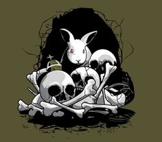 a rabbit sitting on top of skulls in front of a cave