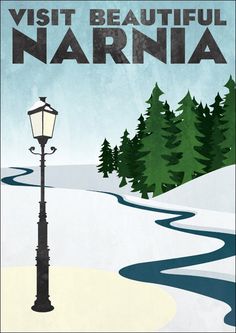 a street light sitting next to a snow covered field with trees in the background and a sign that says visit beautiful narnia