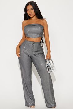 Lia Sparkle Pant Set - Charcoal | Fashion Nova Glitter Application, Metallic Pants, Pant Set, Matching Dresses, Tube Top, Active Wear For Women, Matching Sets, Clothes For Sale, Fashion Nova