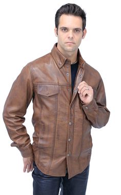 A men's brown leather shirt with a new tan antiqued finish for that well loved look. An amazingly comfortable men's shirt considered a lightweight leather jacket in premium soft lambskin leather. This lightweight brown leather shirt snaps and zips up front with features that include 2 front snap down chest pockets, 2 snap closed front belly pockets, adjustable double snap cuffs, long body style and a soft satin lining. Exclusive Jamin Leather® quality brand shirt. This men's brown leather shirt Leather Travel Bag, Light Brown Leather, Leather Hats, Leather Shirt, Leather Vest, Leather Collar, Leather Blazer, Branded Shirts, Leather Pouch