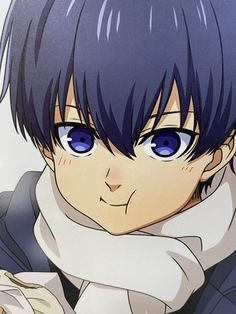 an anime character with blue eyes and black hair, wearing a white collared shirt