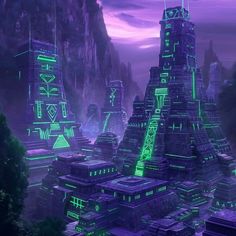 a futuristic city with neon green lights in the sky and mountains behind it, surrounded by trees