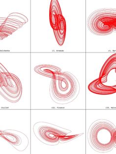 six different types of spirals in red and white