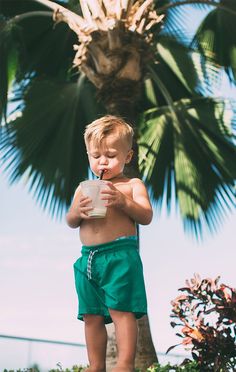 a young boy drinking from a cup under a palm tree