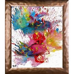 an abstract painting with multicolored paint splattered on the paper in a brown frame