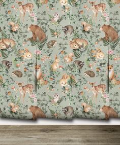 an animal themed wallpaper with many different animals and plants on the side of it