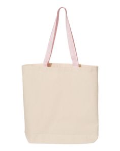 a white canvas bag with pink handles on the front and bottom, against a white background