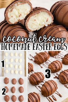 photos showing how to make coconut filled homemade chocolate Easter eggs Coconut Easter Eggs Recipe, Coconut Easter Eggs, Chocolate Easter Eggs Recipe, Cream Easter Eggs, Coconut Filling, Chocolate Easter Eggs, Easter Egg Candy, Cherry Coconut