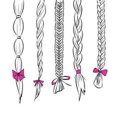 four different types of braids with bows on each side and one in the middle