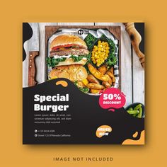 a flyer for a special burger restaurant with an image of a plate of food on it