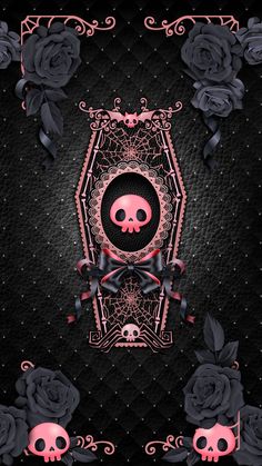 a black and pink background with skulls, roses and an ornate frame in the middle