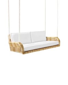 a white couch sitting on top of a wooden swing bed hanging from a ceiling fixture