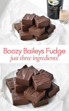 chocolate fudges are stacked on top of each other with the words boozy, bailey's fudge just three ingredients