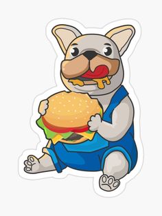 a french bulldog eating a hamburger sticker