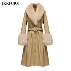 Direct Sell From Factory Material: 100% Genuine Sheepskin Leather & Real Fox Fur Lining: Polyester How to choose size? Please choose size according to our size chart, usually choose 4-6 cm larger than your real bust size is the best. if your bust size is 90 cm, please choose size L. If you have problems on size, please feel free to contact with us. Elegant Beige Leather Jacket For Winter, Winter Beige Leather Jacket, Leather Long Fur Coat For Fall, Luxury Leather Fur Coat For Winter, Luxury Beige Leather Outerwear, Luxury Leather Fur Coat, Luxury Leather Fur Coat For Women, Long Leather Jacket Fur Collar, Luxury Brown Fur Coat With Pockets