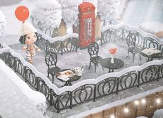 an animated image of a snow covered park with tables and chairs