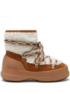 cognac brown/off-white suede panelling shearling trim embossed logo to the side front lace-up fastening round toe chunky rubber sole Moon Boot, Shearling Boots, Ankle Boots Flat, Moon Boots, Color Marron, Footwear Design Women, Designer Boots, Boot Shoes Women, Lace Up Boots