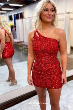 Red Sequin One Shoulder Open Back Sheath Short Fashion Dresses, CH0075 – clover sew Professional Dress, Short Party Dress, Burgundy Prom Dress, Sophisticated Dress, Sequin Shorts, Red Sequin