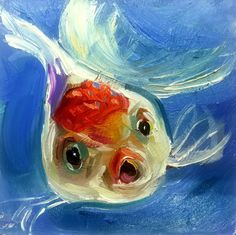 an acrylic painting of a goldfish with red hair and big eyes in blue water