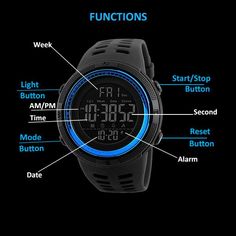 The SKMEI Mens Digital Multi-functional watch is perfect for sports and outdoor enthusiasts It features double time, alarm, countdown, stop watch, date, night lighting, compass direction, chronograph, 12/24 hour clock and 50M waterproof Design with quality material and every attention detail. Watch is made with Taiwan IC Chip set for second accuracy and Japanese battery for long life. The band is made with German imported PU resin strap, which is soft, comfortable and environmentally friendly Di Blue Wear-resistant Chronograph Watch For Outdoor, Functional Wear-resistant Outdoor Watch, Functional Outdoor Wear-resistant Watches, Sporty Outdoor Digital Watch With 10atm Water Resistance, Sporty Watches With Stopwatch For Outdoor Activities, Functional Digital Watch With Round Dial For Outdoor, Functional Chronograph Watch With Analog Display For Outdoor, Durable Digital Watch For Outdoor Activities, Functional Outdoor Digital Watch With Round Dial