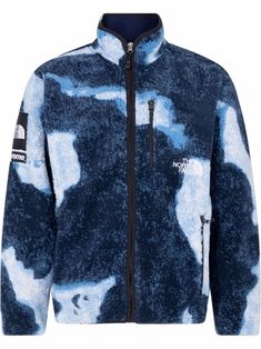 Blue x TNF bleached denim fleece jacket from SUPREME featuring logo patch at the sleeve, embroidered logo at the chest, abstract pattern print, high neck, front zip fastening, zip-fastening chest pocket, two side zip-fastening pockets, long sleeves and straight hem. When buying this unisex item, keep in mind that it is graded in standard men's sizing.. | Supreme x TNF bleached denim fleece jacket Blue Fleece Jacket For Fall Streetwear, Blue Fleece Jacket For Streetwear, Blue Graphic Print Outerwear For Streetwear, Navy Fleece-lined Outerwear For Streetwear, Supreme Clothing, Blue Fleece-lined Windbreaker For Streetwear, Bleached Denim, Clothing Manufacturer, Blue Logo