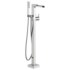 the shower faucet is shown in stainless steel and has a hand held sprayer