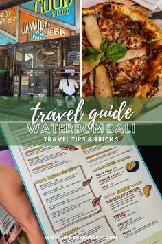 the travel guide for traveling with food and drinks is shown in front of a restaurant