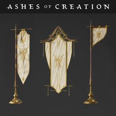 three different types of flags and poles with the words ashes of creation written on them