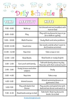 the daily schedule for children's activities to do in their school year, including time and