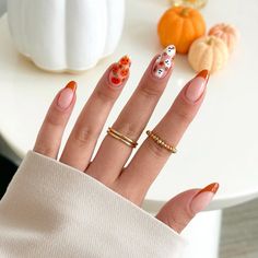 Halloween nails. Autumn nails. Pumpkin nails . Ghost nails. French mani. Biab. Cute halloween nails. Halloween nail inspo. Autumn nail inspo College Nails, Pumpkin Spice Nails, Velvet Nails, Simple Fall Nails, Halloween Acrylic Nails, November Nails, Pumpkin Nails, Red Nail Designs