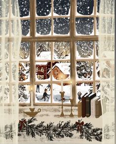 a christmas scene is seen through an open window