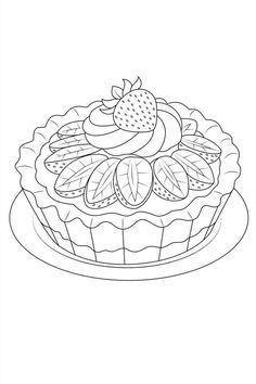 a pie with strawberries on top is shown in black and white, as well as the